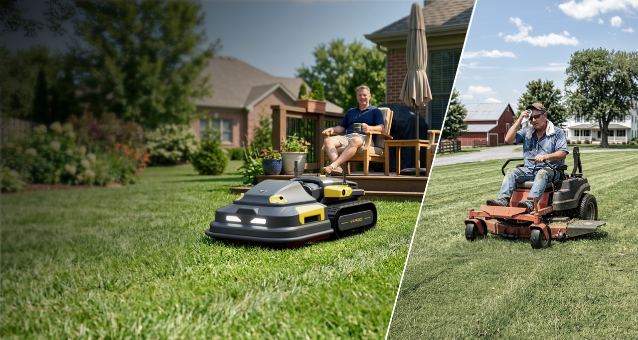 Split image: left, a man relaxes on a deck as a gray and yellow YARBO robot mower cuts grass; right, a man drives a red riding mower, wiping sweat, in a sunny yard.