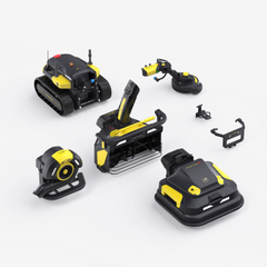 Black and yellow robotic cleaning devices arranged on white background, including tank, vacuum, and mop units with modular attachments.