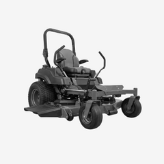 Gray riding lawn mower with black tires, seat, and handlebars, shown in profile on white background.