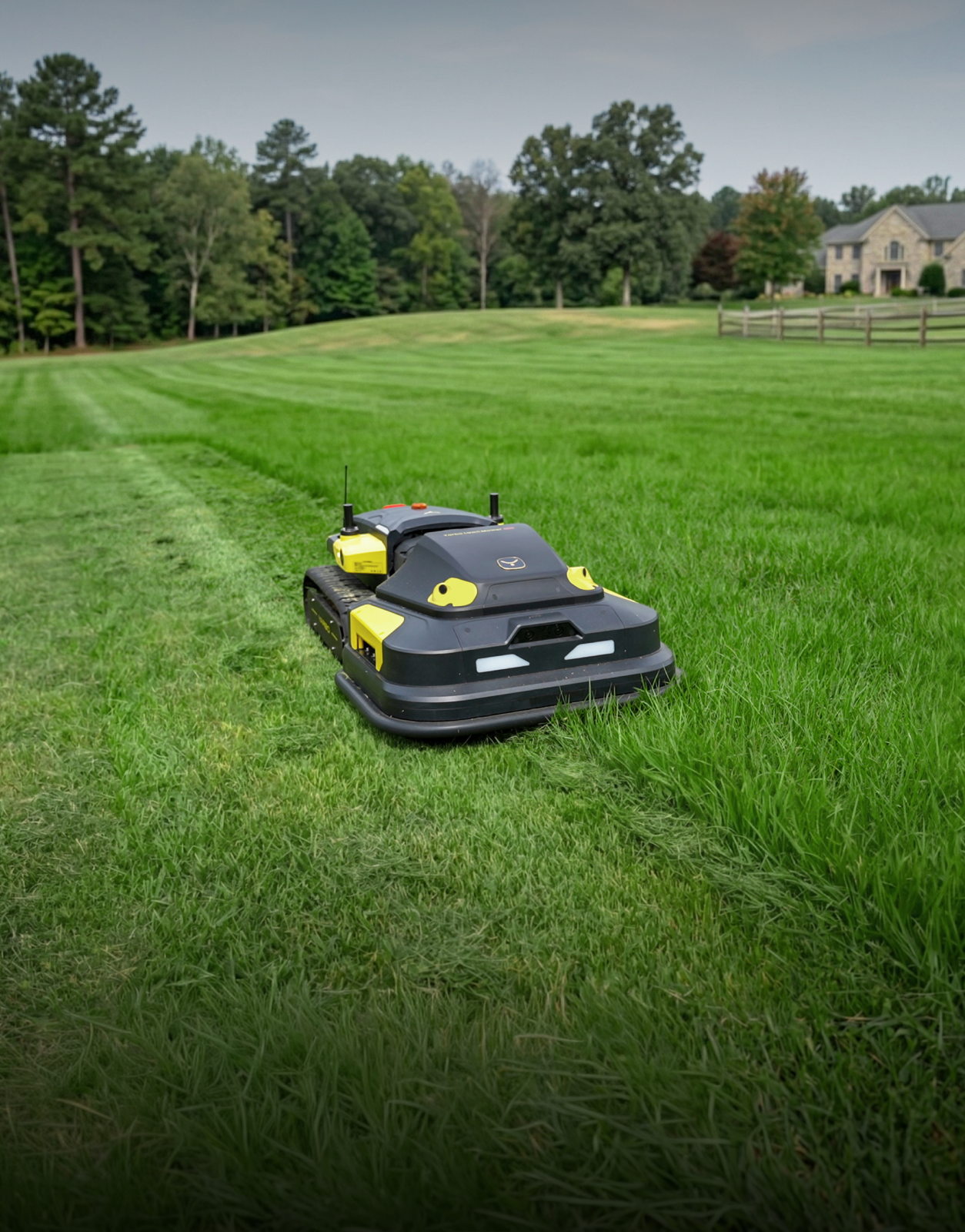 Black and yellow robotic lawn mower on lush green grass, with trees and a house in the background.