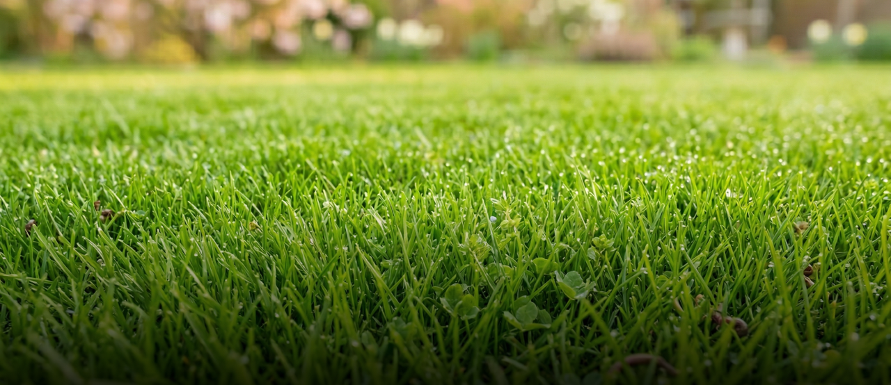 Lush green grass with dew drops, close-up foreground, blurred garden background, soft natural light.