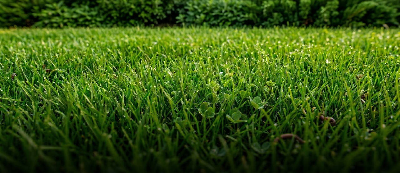 Lush green grass with clover and small plants, dense foreground, blurred green hedge background, natural daylight.