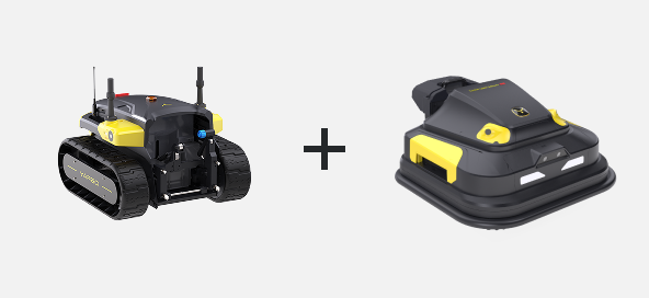 Black and yellow tracked robot with antennas plus black and yellow square robot, both on white background.
