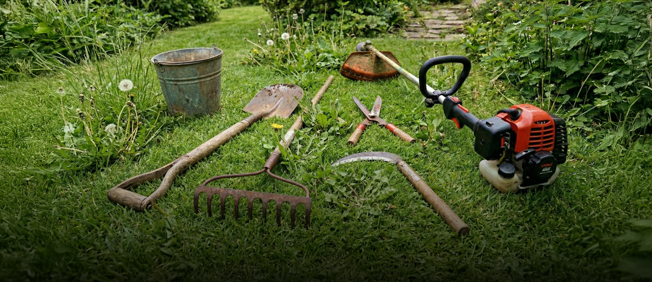 Garden tools on grass: shovel, rake, shears, hoe, bucket, and orange trimmer; lush green background with dandelions.