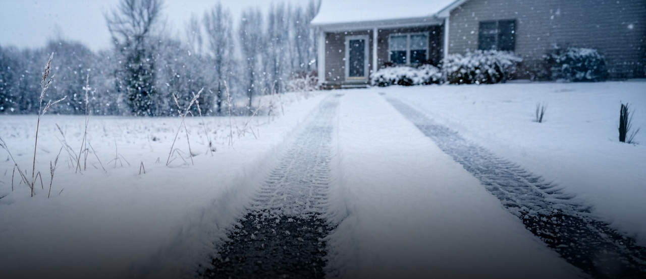 Snow-covered driveway leads to a house with tire tracks, bare trees, and falling snow in a quiet winter scene.