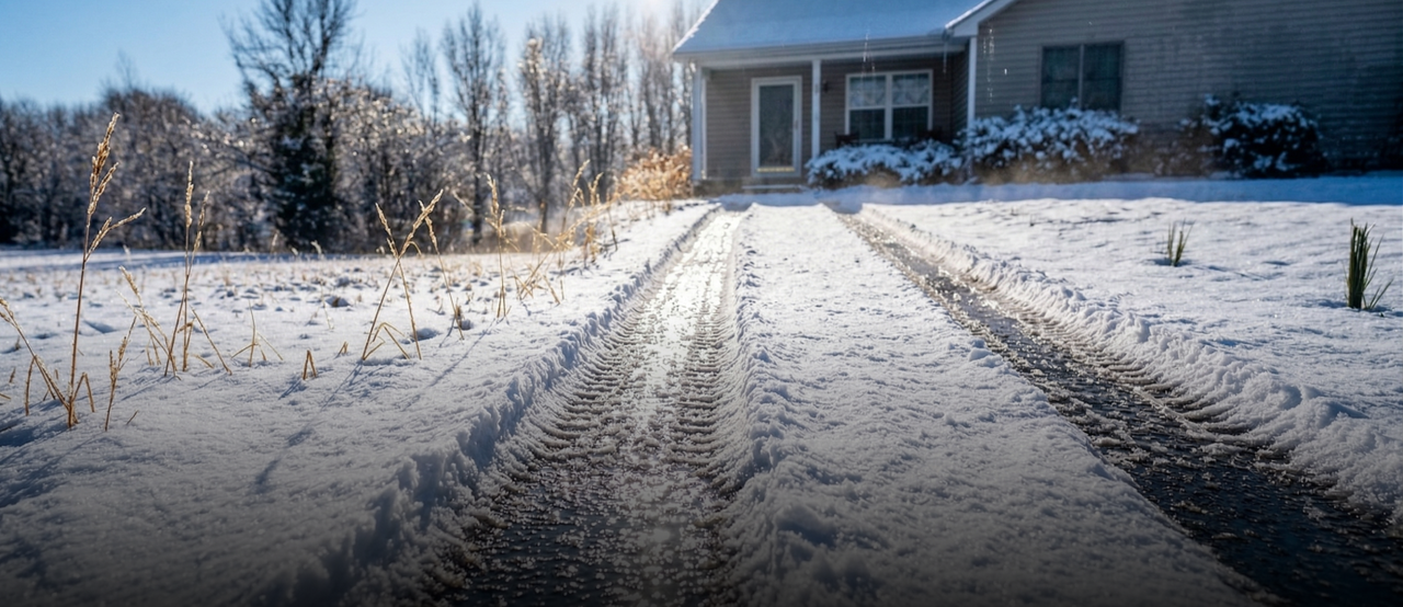 Snow-covered driveway with tire tracks leading to a gray house, bare trees in background, bright winter sunlight.