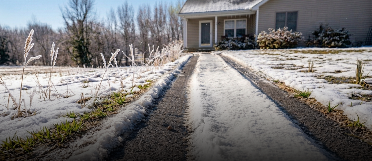 Snow-covered path leads to a beige house with frosty grass and bare trees under clear blue sky.