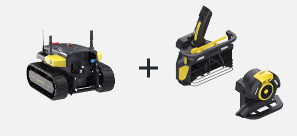 Black and yellow remote-controlled robot with tank treads, plus matching yellow and black accessories on white background.