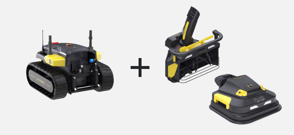 Black and yellow robotic lawn mowers and accessories, including a tracked robot, a mulching attachment, and a base station, arranged side by side with a plus sign.