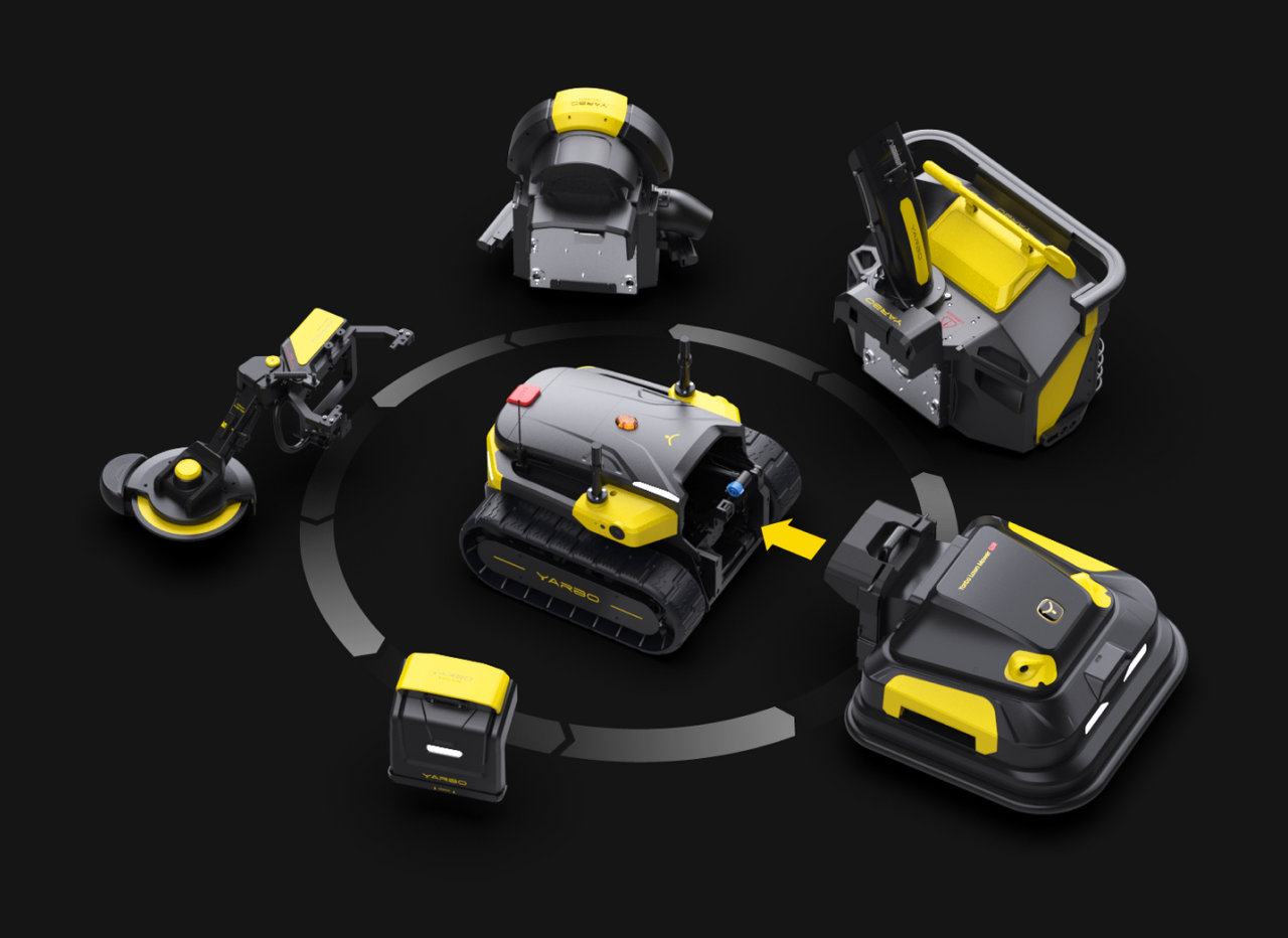 Black and yellow YARBO robotic platform with interchangeable attachments arranged in a circular layout on a dark background.