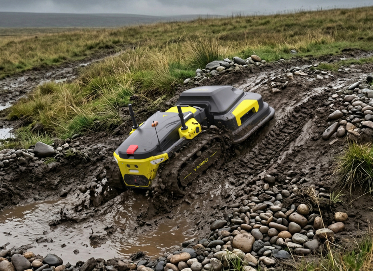 Yellow and black tracked robot labeled "VARBO" navigating muddy terrain with rocks and grass under overcast sky.
