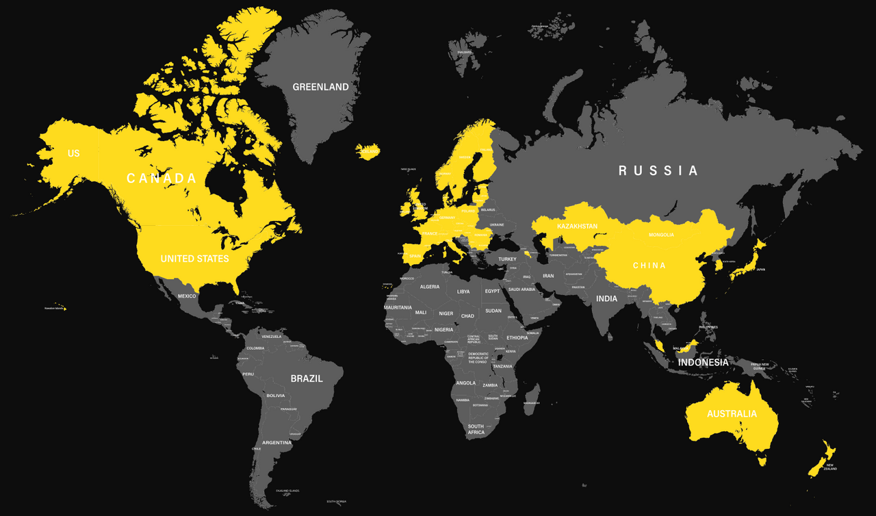 World map highlighting countries in yellow and gray on black background with labeled nations.