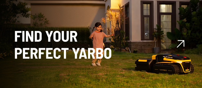 Child plays on lawn at dusk beside yellow and black YARBO robotic mower; text reads "FIND YOUR PERFECT YARBO"
