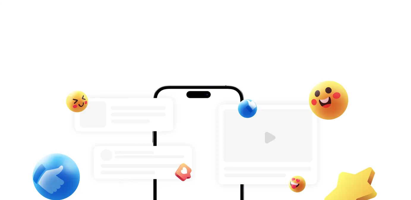 Smartphone with social media interface, floating emojis, and interactive icons on white background.