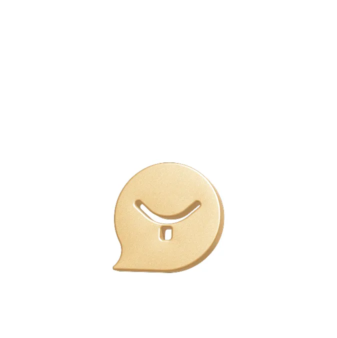 Gold speech bubble charm with smiling face cutout, centered on white background.