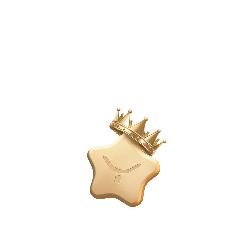 Golden star-shaped icon with a smiling face and a crown on top, set against a white background.