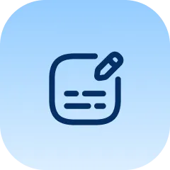 Blue rounded square icon with dark blue outline of a notepad and pen, symbolizing note-taking or writing.