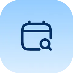 Calendar icon with magnifying glass on light blue gradient background, symbolizing search or event lookup.