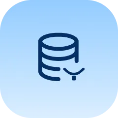 Blue rounded square icon with dark blue database cylinder and downward arrow, symbolizing data export or download.