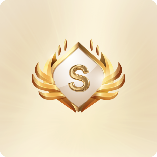 Golden shield emblem with bold "S" at center, flanked by flame-like wings, glowing on cream background.