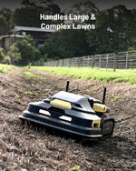 Black and yellow robotic lawn mower by Yarbo on dirt path, side view, with antennas and track wheels, outdoor setting