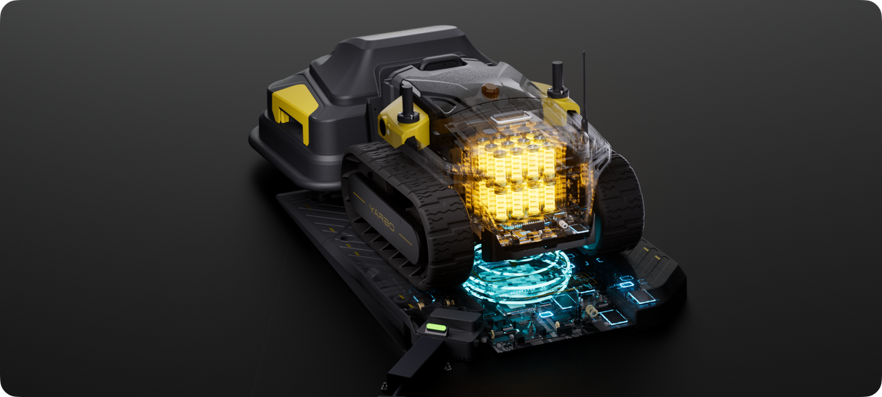 Black and yellow YARBO robot with transparent body revealing glowing yellow battery pack and blue circuitry base.