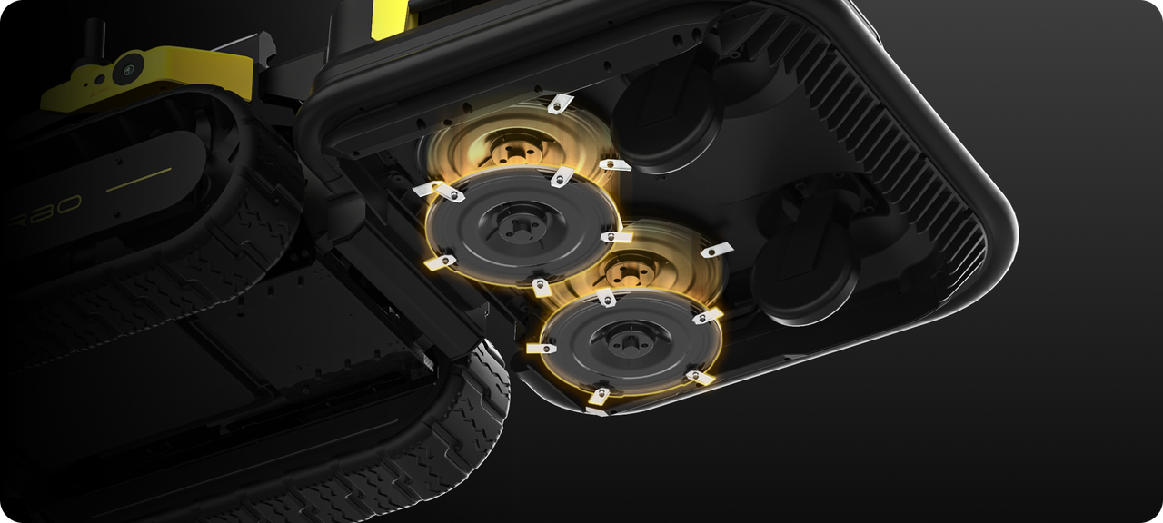 Close-up of black robotic device with yellow-accented dual brush system and textured treads, highlighting internal components against dark background.
