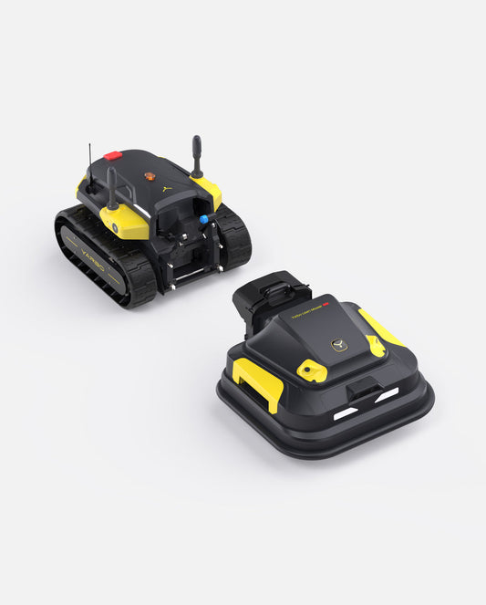 Black and yellow robotic lawn mower by Yarbo, featuring tank treads and compact design, shown from angled top views.