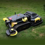 Black and yellow robotic lawn mower with tracked base and attachments by Yarbo, shown on grass in outdoor setting