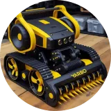Black and yellow robot tank with tracks, "YARBO" logo, on wooden surface.