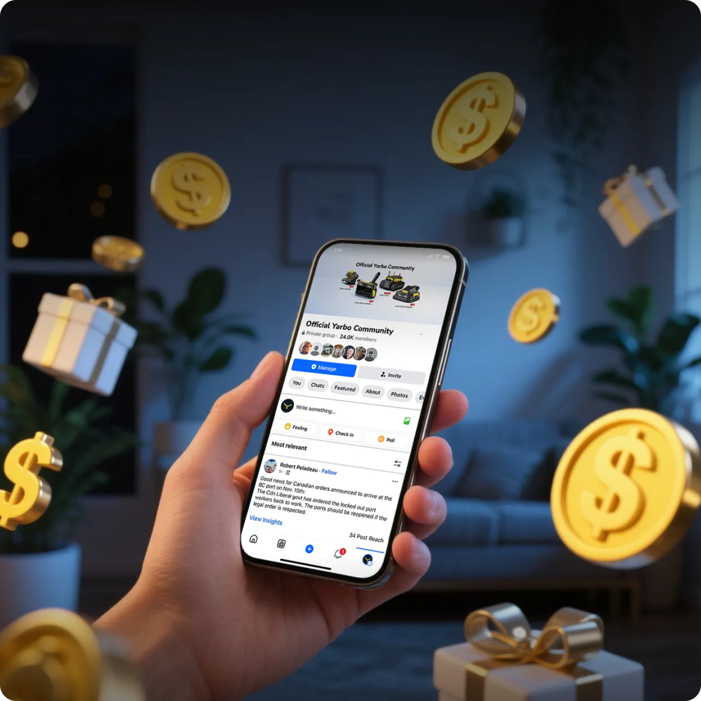 Hand holds smartphone displaying "Official Yarbo Community" app with floating gold coins and gift boxes in cozy room.
