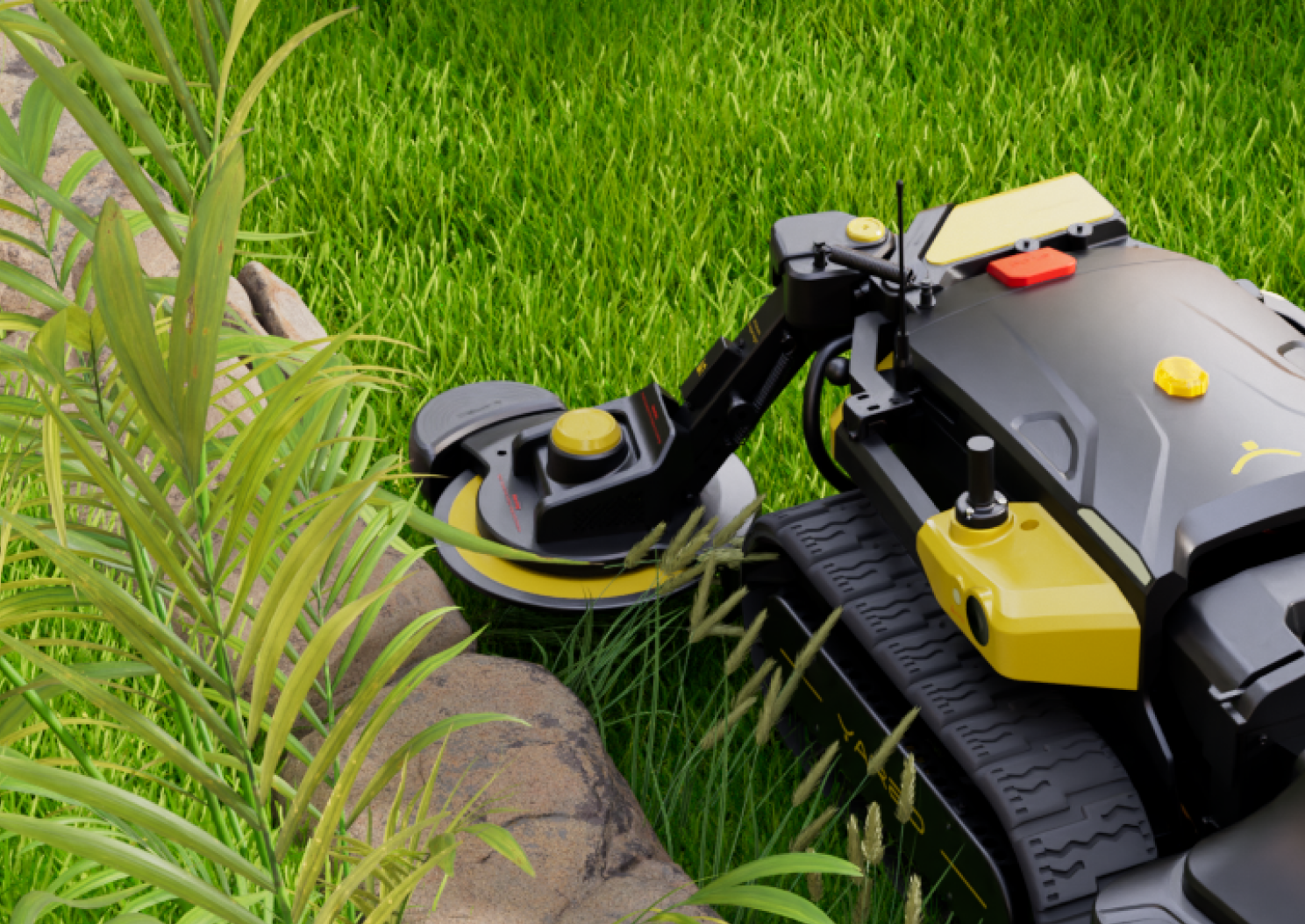 Robotic lawn mower with black and yellow body by Yarbo, featuring tank treads and side view on green grass near rocks and plants