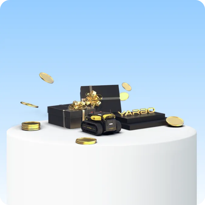Black gift boxes with gold bows, gold coins, and a small robot on a white pedestal against a light blue background. "YARBO" logo visible.