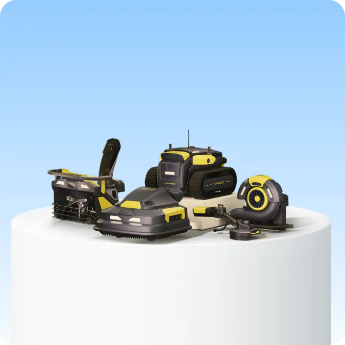 Four black and yellow robotic vacuum cleaners displayed on a white pedestal against a light blue background.
