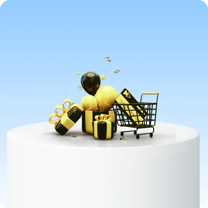 Black and gold gifts, balloons, and shopping cart on white pedestal against light blue background.