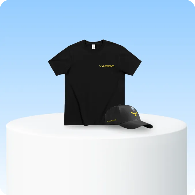 Black YARBO t-shirt and cap with yellow logo on white pedestal against light blue background.