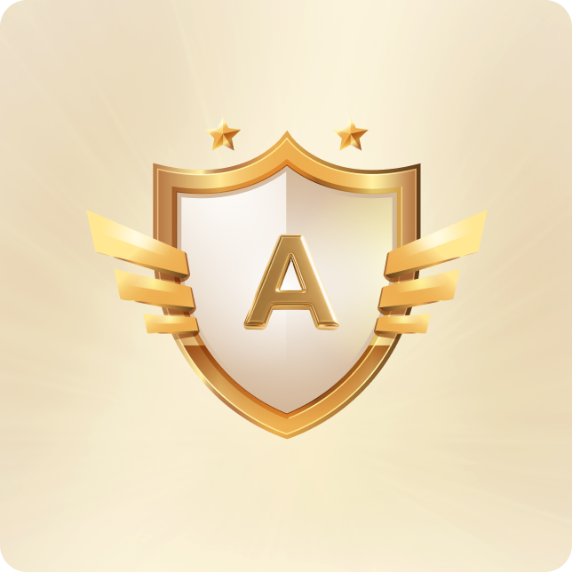 Golden shield with bold letter A, flanked by wings and two stars, on soft beige background.