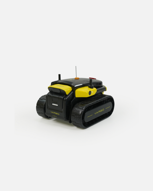 Mini black and yellow tracked robot model by Yarbo, featuring side view with antennas and textured treads