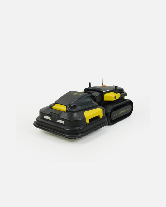 Mini black and yellow robotic lawn mower by YARBO, compact design with tank-style tracks, side view on white background