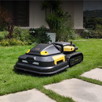 Black and yellow robotic lawn mower by Yarbo on grass, featuring tank treads and compact design, side view.