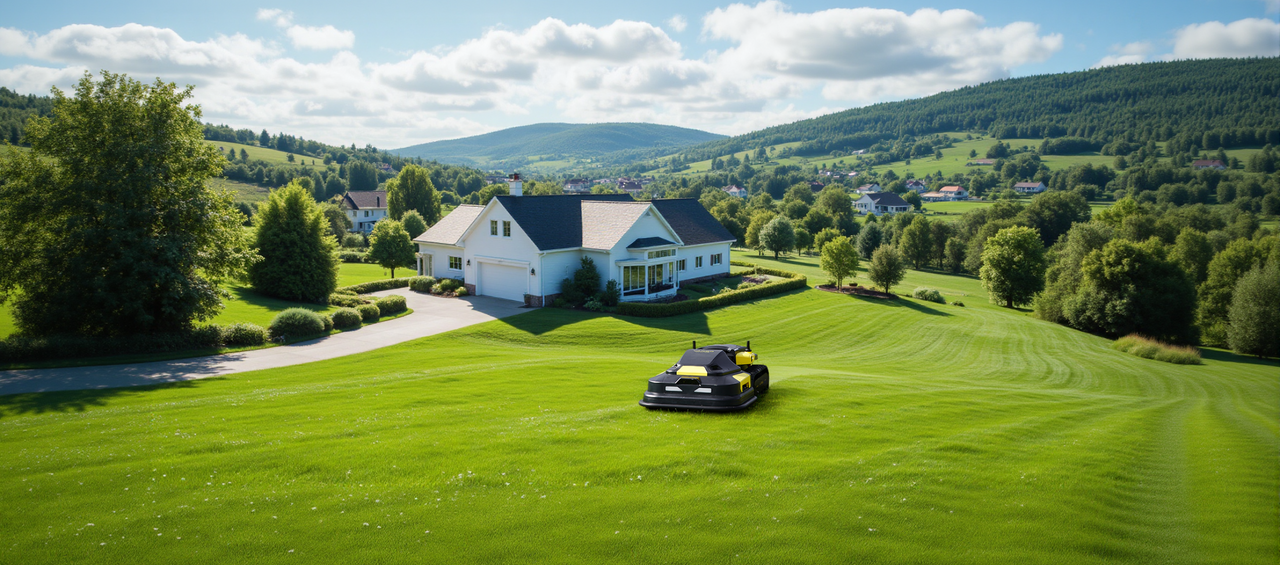 Black and yellow robotic lawn mower on vibrant green lawn in front of white suburban home with rolling hills and trees in background under partly cloudy sky.