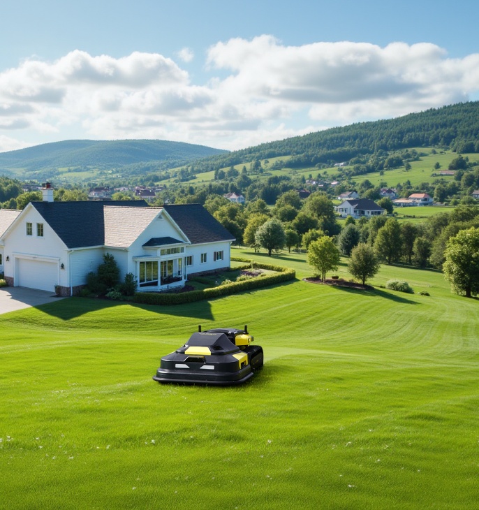 Black and yellow robotic lawn mower on vibrant green lawn in front of white suburban home with rolling hills and blue sky in background.