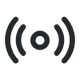 Black wireless signal icon with central dot and curved lines radiating outward on white background.