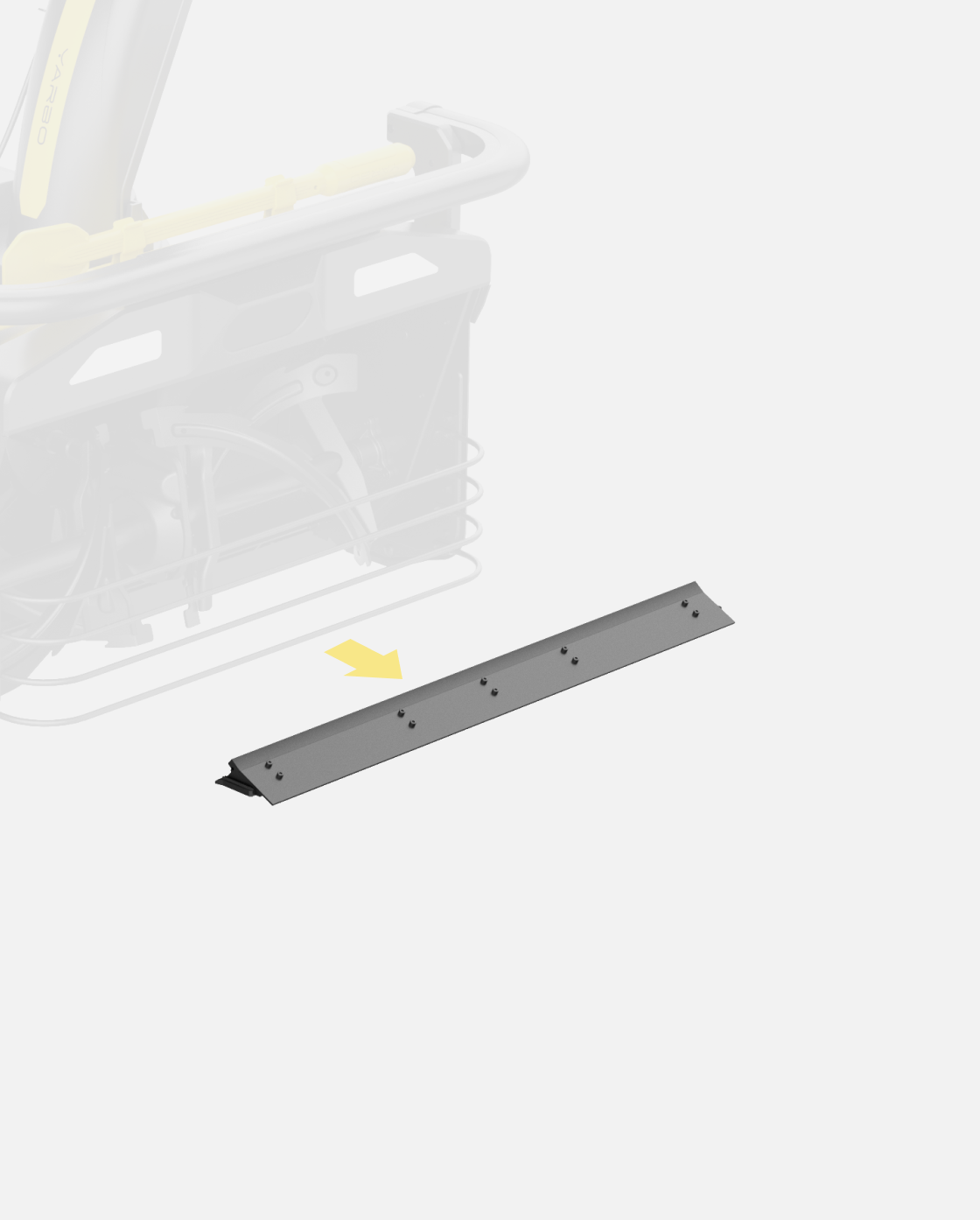 Gray metal scraper bar with bolt holes, shown in front view, for Y Series equipment, with faded machinery background and yellow arrow indicator.