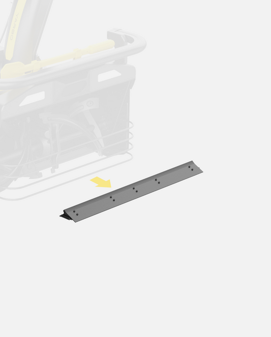 Gray metal scraper bar with bolt holes, shown in front view, for Y Series equipment, with faded machinery background and yellow arrow indicator.