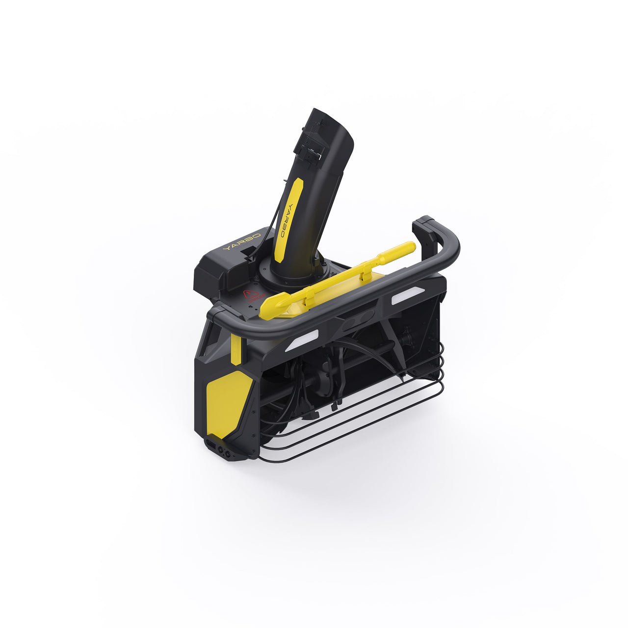 Black and yellow YARBO robotic lawnmower with visible branding, side handle, and internal components on white background.