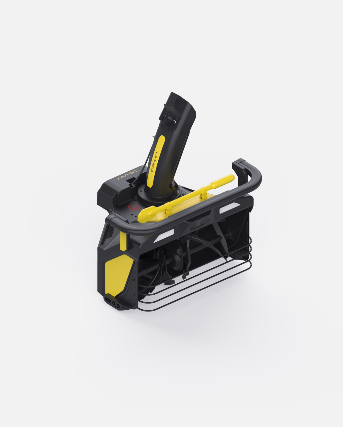 Black and yellow snow blower module with protective cage and adjustable chute, by YARBO, shown in angled studio view