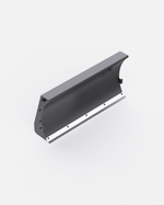 Gray metal snow plow blade with curved edge and white mounting strip, side view, Y Series model