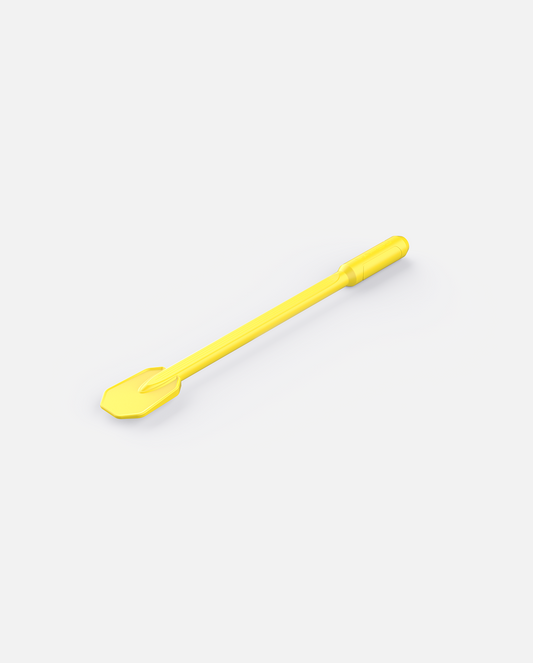 Bright yellow plastic snow shovel with ergonomic grip, side view, Y Series design, smooth finish, compact blade