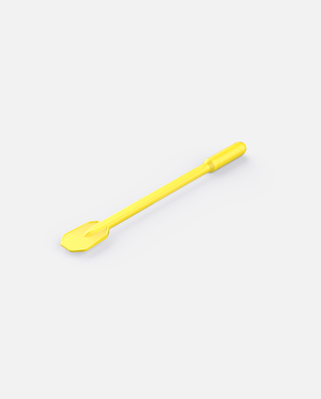 Bright yellow plastic snow shovel with ergonomic grip, side view, Y Series design, smooth finish, compact blade